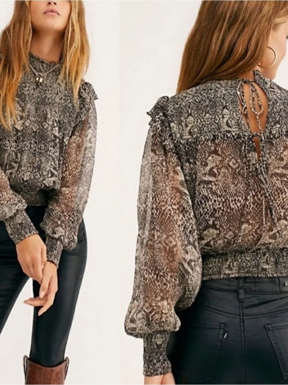 #595 FREE PEOPLE Roma Sheer Smocked-Neck Animal Print Blouse - Black & White